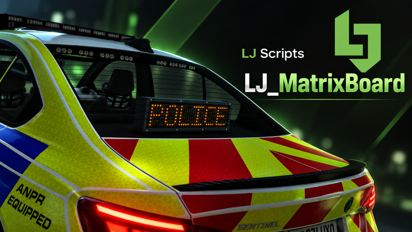 British police car with LJ Matrix Board mounted in its rear window